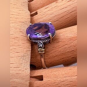 Vintage Amethyst Sterling Silver Oval Ring Gold Accents Size 9 1/2 Large 4.4 Gm